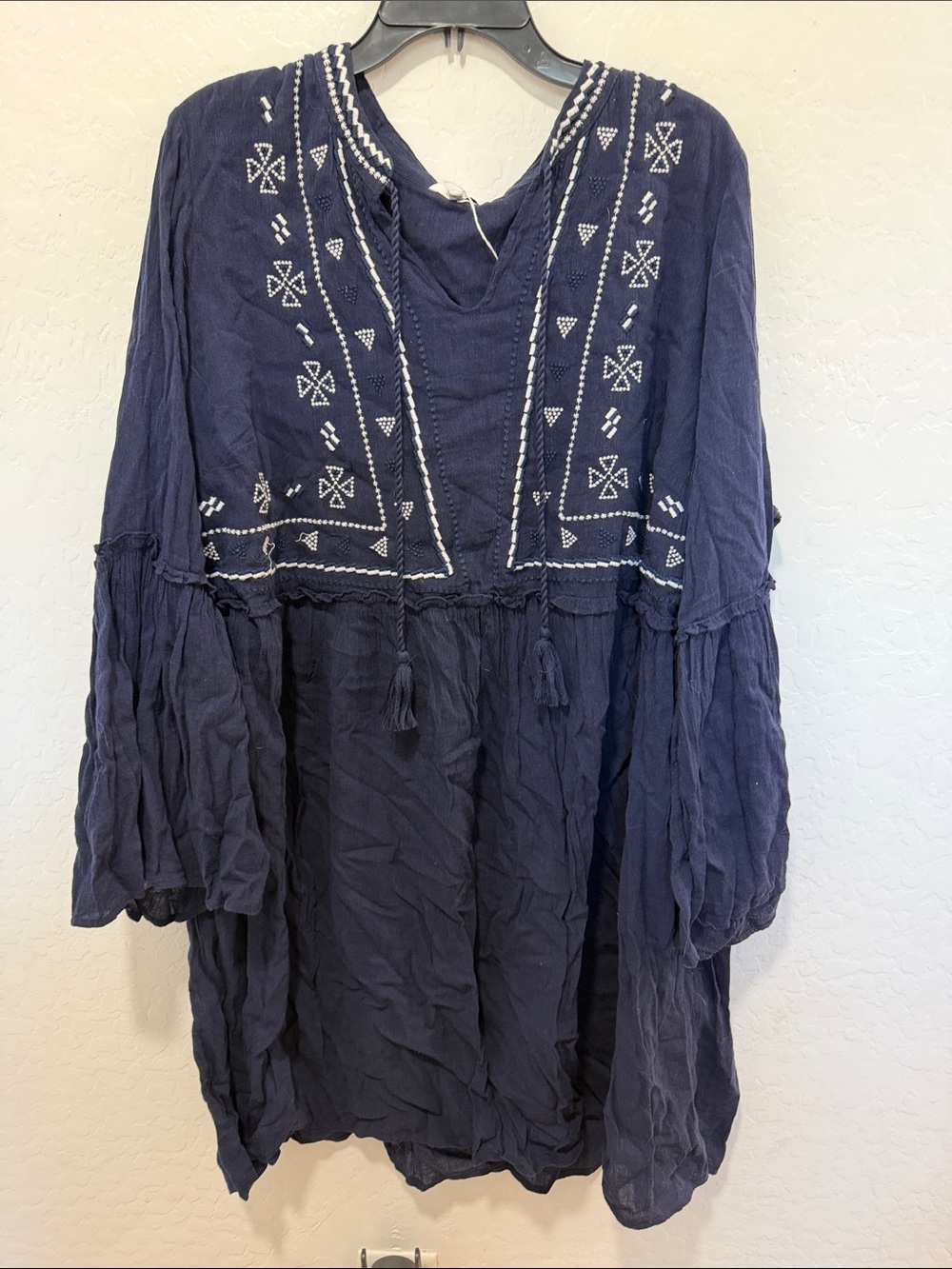 3X blue Navy Embroidered Peasant whimsical folk indie dress tunic bohemian gauzy